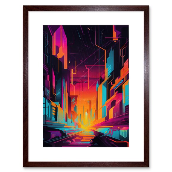 Neon Light Colour Abstract Metropolis Cityscape Sunrise Modern Artwork Framed Wall Art Print 9X7 Inch
