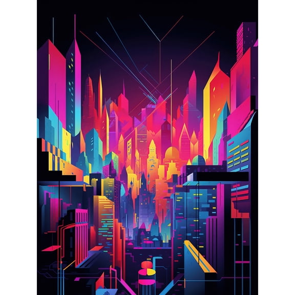 Neon Light Colour Abstract Metropolis Cityscape at Night Modern Artwork Extra Large XL Wall Art Poster Print