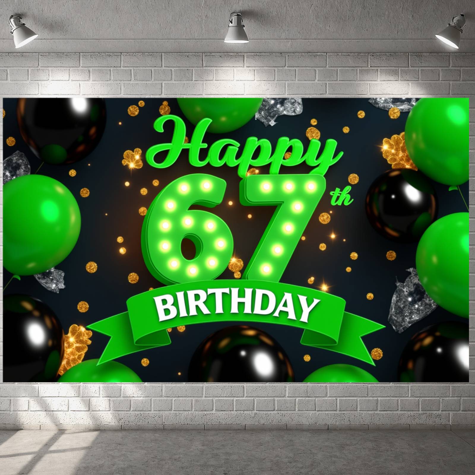 Neon Light Design 67th Birthday Banner Green Gold Color Display Balloon ...