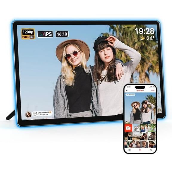 Neon Light Digital Picture Frame - 14" FHD Display | AI Color-Changing Strip Digital Photo Frame | Quick Share Photos/Videos, Easy Setup in Frameo App | Digital Frame for Gifting