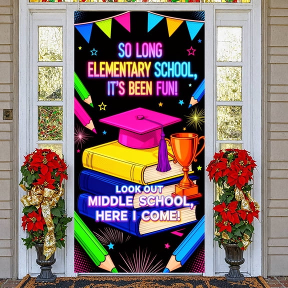 Neon Light Elementary Graduation Banner Stacked Books Pattern School Transition Display Colorful Pencil Accents Graduation Backdrop for Elementary School Graduates Graduation Party Decor School