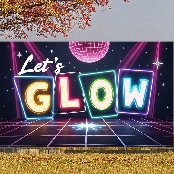 Neon Light Glow Party Banner Colorful Neon Display Disco Ball Starry Glow Background for Glow Party Neon Party Disco Night