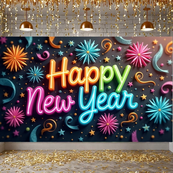 Neon Light Happy New Year Banner Colorful Fireworks New Year Banner Confetti Design Ribbon Decor Celebration Banner for New Year Party Holiday Celebration Indoor Decoration
