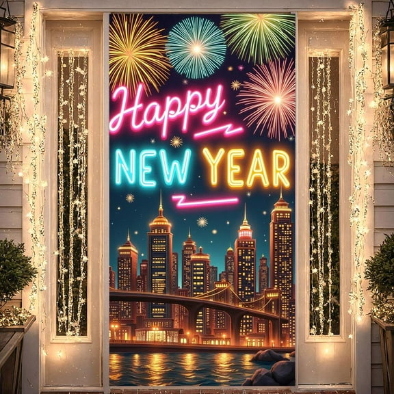 Neon Light Happy New Year Banner Colorful Fireworks New Year Banner Night Theme Vibrant Colors Celebration Banner for New Year Eve Night Party City Celebration