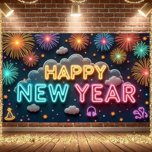 Neon Light Happy New Year Banner Colorful New Year Banner Firework Design Pattern Celebration Banner for New Year Party Home Celebration Indoor Decoration