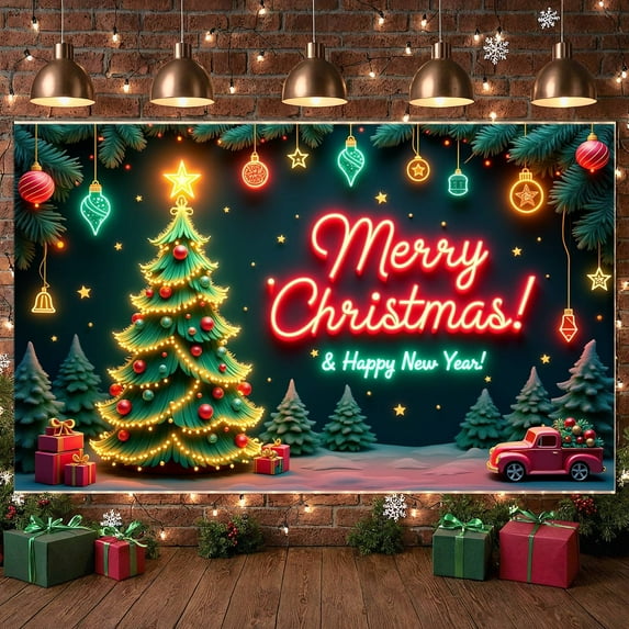 Neon Light Merry Christmas Banner Christmas Tree Xmas Display Gift Boxes Stars Holiday Backdrop for Christmas Party New Year Celebration Holiday Gathering