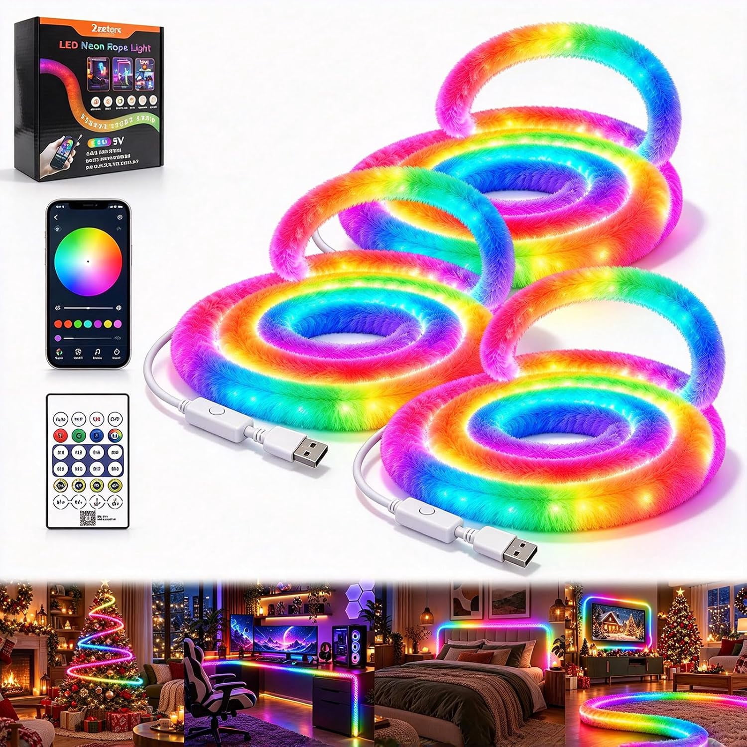 Neon Light Strip, RGB LED Rope Lights, 360° All‑Round Glow, Faux Fur ...
