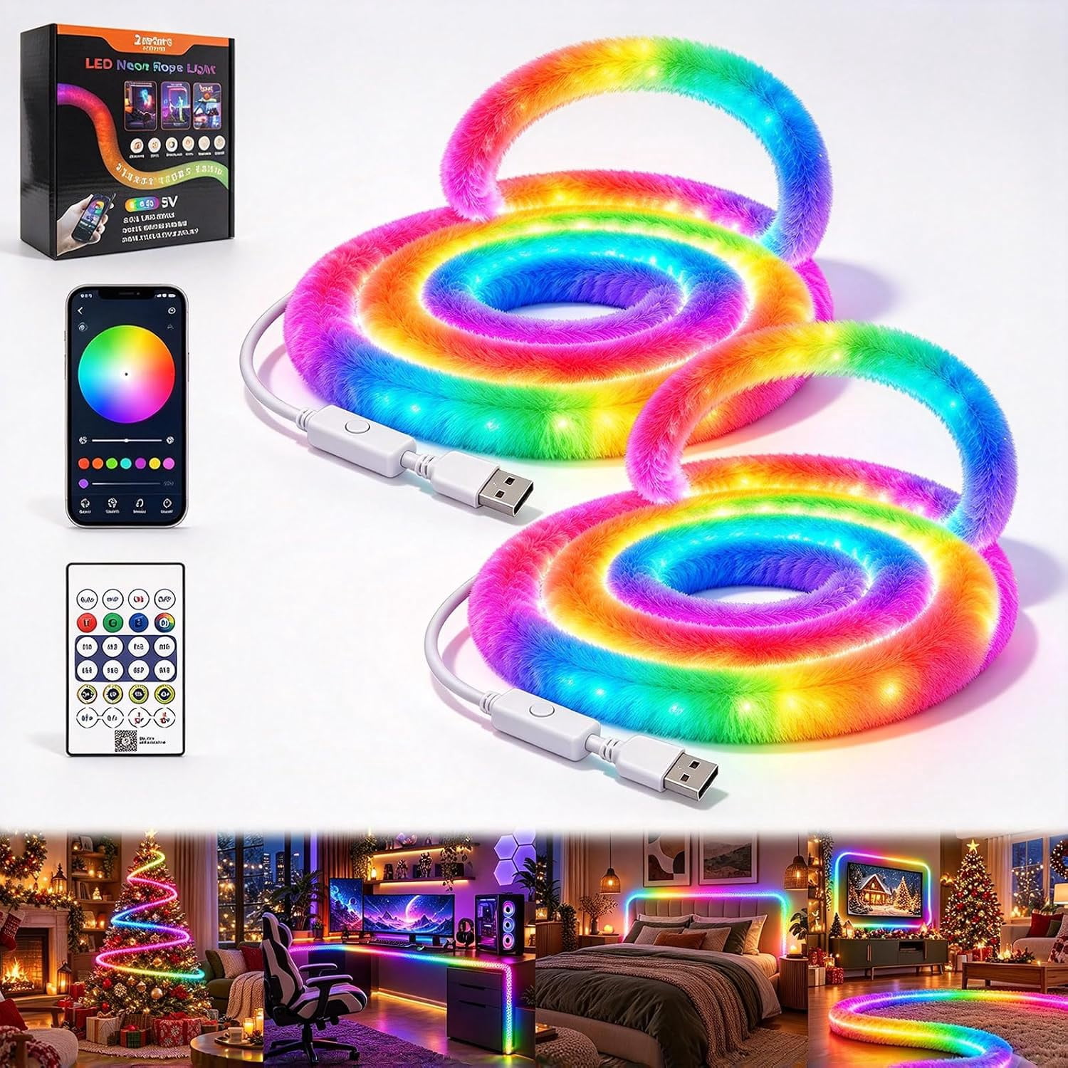 Neon Light Strip, RGB LED Rope Lights, 360° All‑Round Glow, Faux Fur ...
