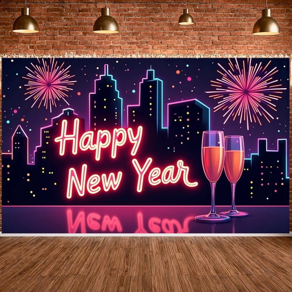 Neon Light Theme Happy New Year Banner Colorful Fireworks Celebration Banner City Night Backdrop Festive Festive Banner for New Year Party New Year's Eve Celebration Indoor Party