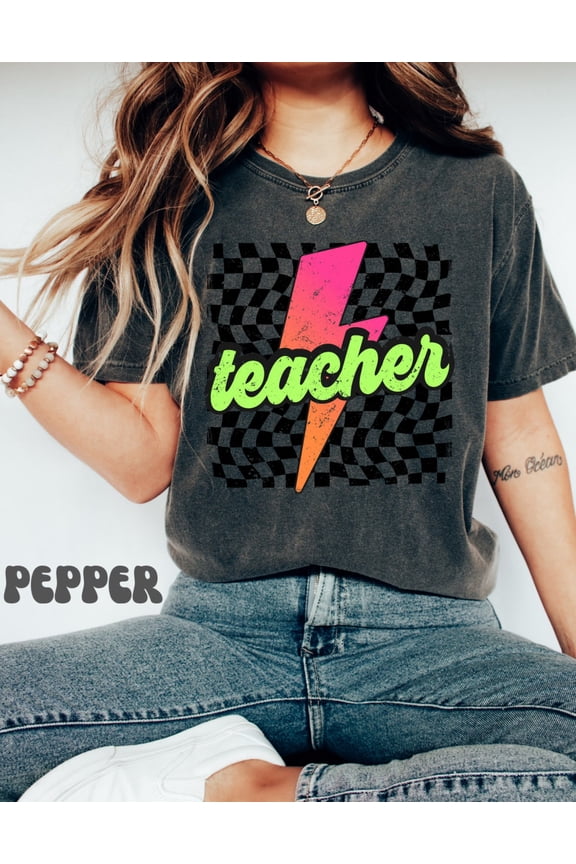 Neon Lightning Bolt Teacher Retro Checkered Back To School Tshirt 16 All Size S-4Xl