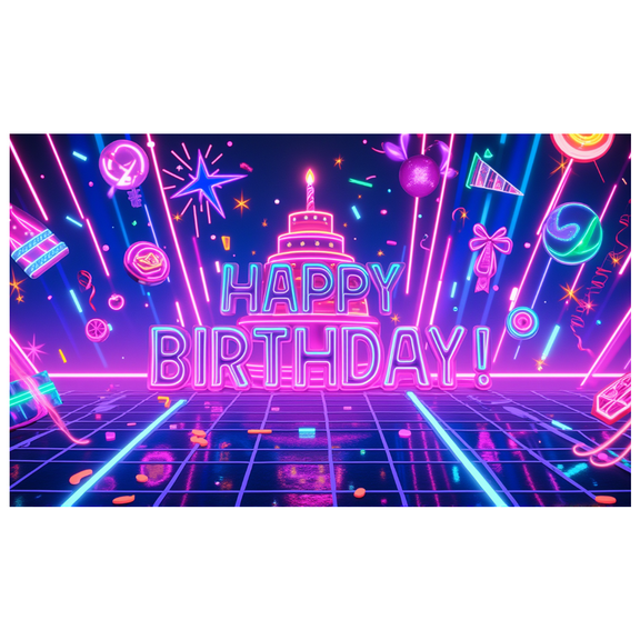 Neon Lights Birthday Banner Colorful Decorations Cake Illustration Party Backdrop for Birthday Celebration Event Children's Party