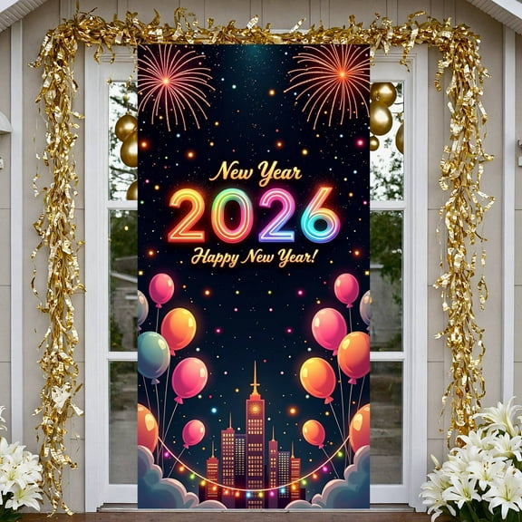 Neon Lights New Year Banner Fireworks 2026 Backdrop Colorful Balloons Vibrant NYE Display for New Year Party 2026 Celebration Indoor Decoration