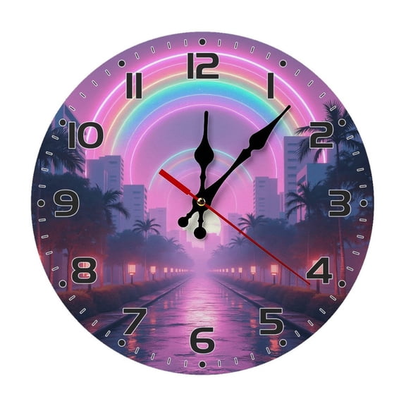Neon Lights Rainbow Cityscape Wall Clock 10 Inch Silent Non Ticking Round Wooden Clock Decoration for Living Room Kitchen Bedroom Bathroom Office Classroom