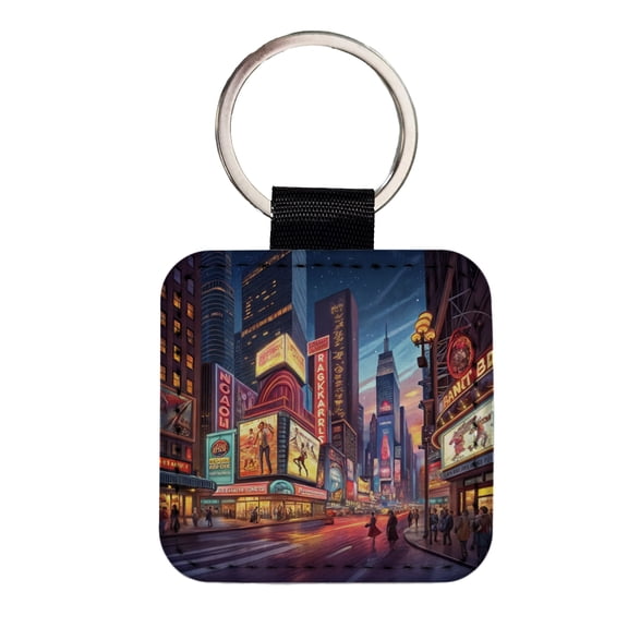 Neon Lights of City Center at Night Faux Leather Square Keychain
