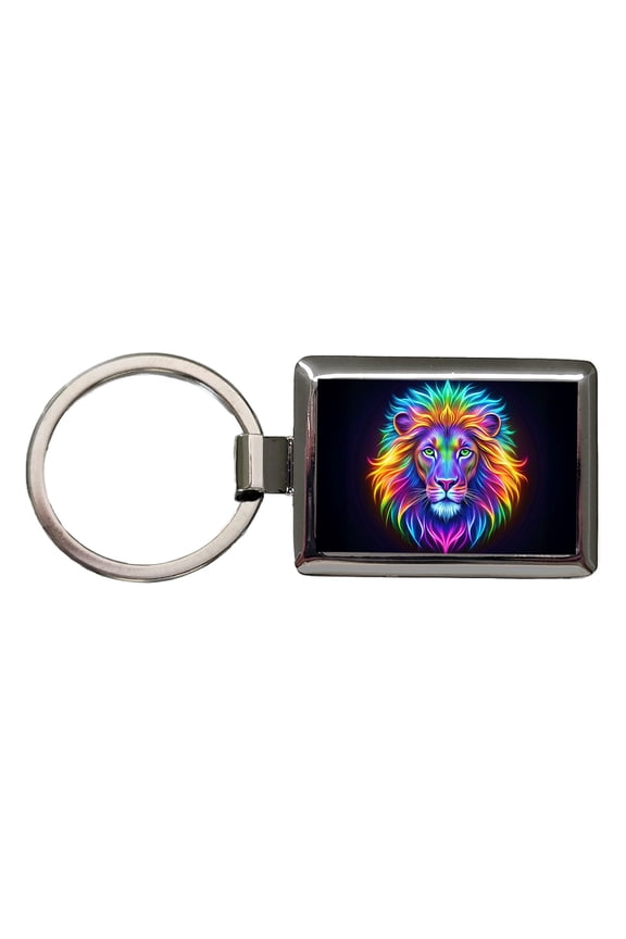 Neon Lion Metal Rectangle Keychain