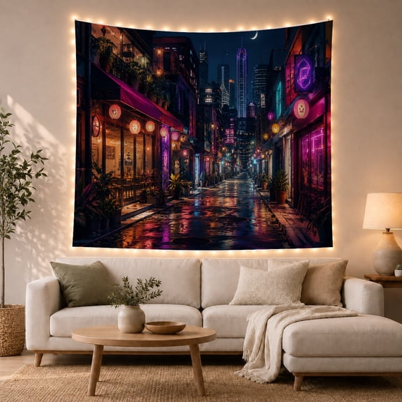 Neon Lit Japanese City Street with Skyline, Moody Digital Art for Anime Fans, Urban Night Scene Decor Birthday Gift Tapestry Wall Hanging for Bedroom and Living Room
