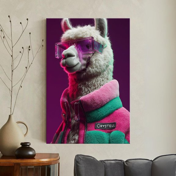 Neon Llama Print Vaporwave Alpaca Wall Art Retro Animal Poster Pop Art Decor, Unframed Paper Poster 8x10in