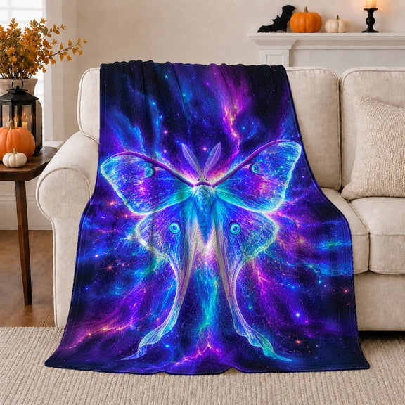 Neon Luna Moth with Cosmic Purple Glow, Magical Fantasy Style for Nature Lovers, Electric Wing Motif and Birthday Gift, Cozy Flannel Blanket for Bedroom and Dorm, Home Decor