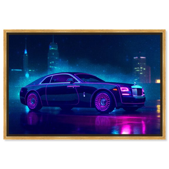 Neon Luxury Car Neon City Art Prints Canvas Wall Art by Notoriart, Gold Floater Frame, 24"x16"