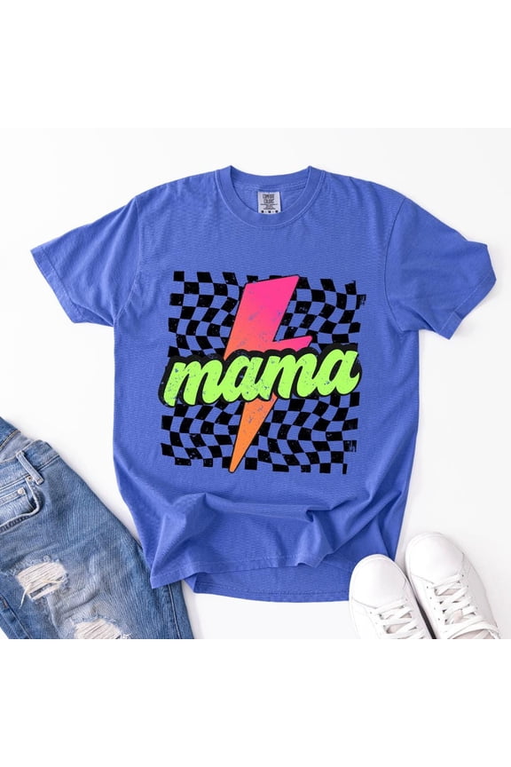 Neon Mama T-Shirt: Retro Checkered Lightning Bolt Mom Tee