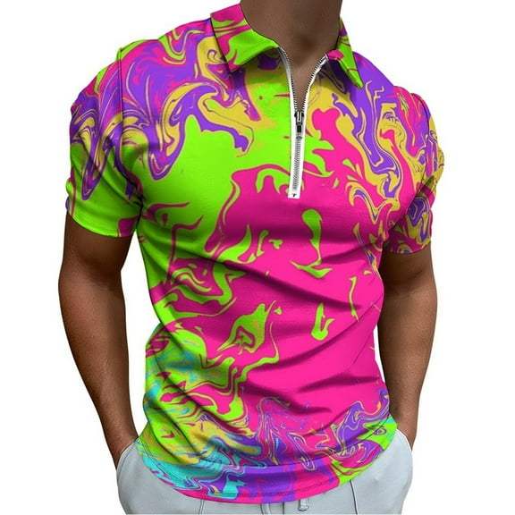 Neon Men Zipper T-shirt Summer Casual Short Sleeve T-shirt Top