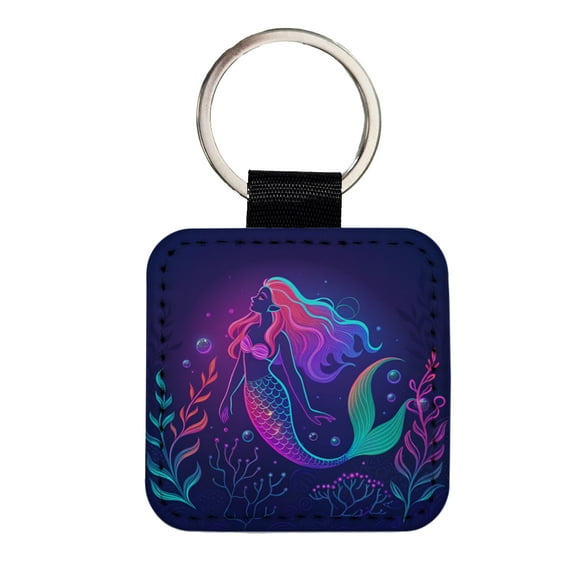 Neon Mermaid Beautiful Faux Leather Square Keychain