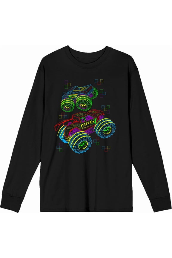 Neon Monster Trucks Adult Black Crew Neck Long Sleee Tee-XL