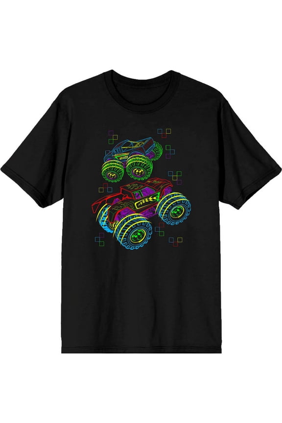 Neon Monster Trucks Adult Black Crew Neck Short Sleee Tee-Medium