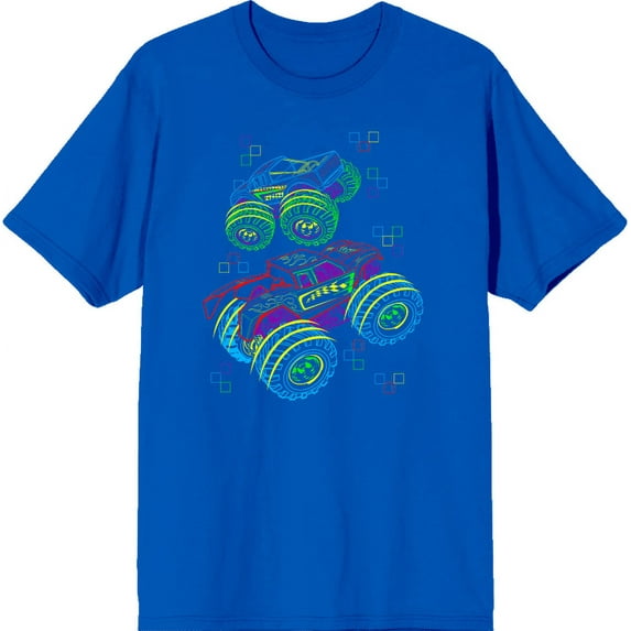 Neon Monster Trucks Adult Royal Blue Crew Neck Short Sleee Tee-XS