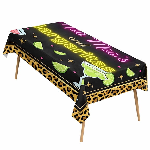 Neon Moo Moo's & Margaritas Tablecloth 60" x 86" Rectangular, Black Leopard Border Cocktail Table Cover, Summer Night Bachelorette Girls Party Decor