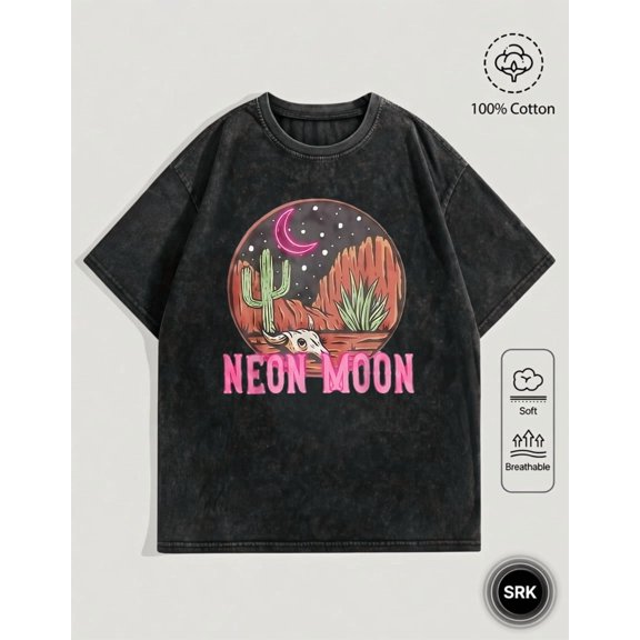 Neon Moon Desert Cactus Skull Graphic Vintage Oversized Washed High Street Grunge Y2K Short Sleeve Crewneck Cotton Unisex Men's Women's Tee Shirt