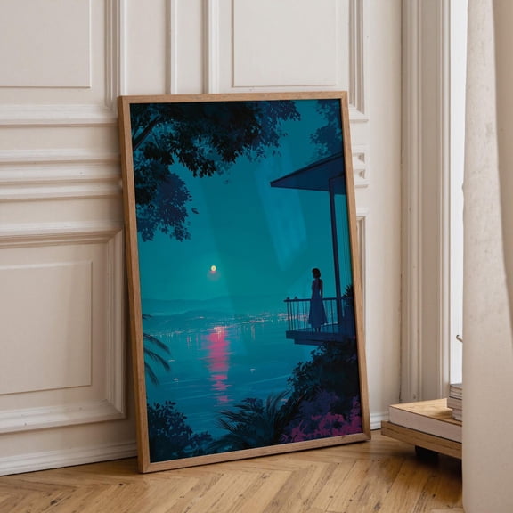 Neon Moonlight City Poster, City Pop Wall Art, Coastal Night Cityscape, Synthwave Ocean Poster Unframed Paper Print