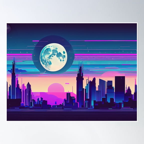 Neon Moonrise Over City Poster Wall Art, Modern Wall Decor, 8x12 UNFRAMED