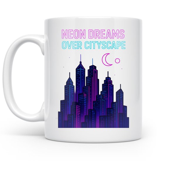 Neon Morning Glow 11 oz Coffee Mug - Vaporwave 80s Cityscape White Ceramic Gift