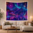 thumbnail image 1 of Neon Mountain Resort under Aurora and Fireworks, Dreamy Fantasy for Travel Lovers, Celebration Landscape Art, New Home Gift, Tapestry Wall Hanging for Living Room and Studio, 1 of 7