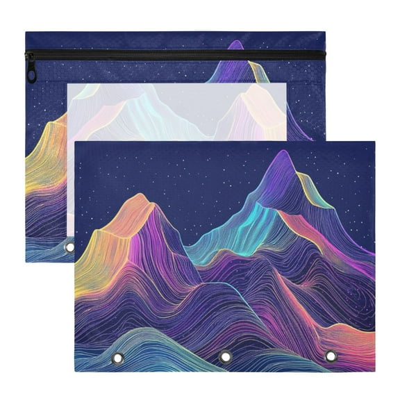 Neon Mountains Shining Stars 3-Ring Binder Pouches A4 Size Zipper Pocket File Storage 2 Packs