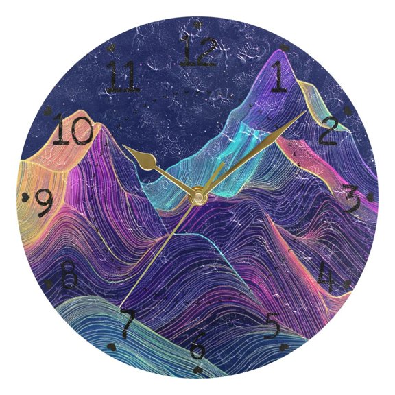 Neon Mountains Shining Stars Round Wall Clock Silent Analog Battery Operated Gold Pointer Home Decor 9.84" Diameter
