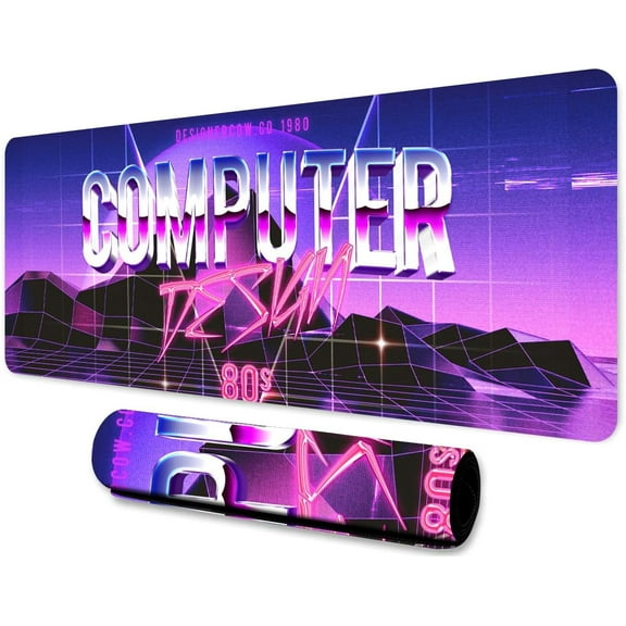 Neon Mouse Pad 31.5x11.8 Inches Japanese Retro 80s Abstract Mountain Range Moon Pattern Printed Mouse Pad for Home Studio Keyboard Table Mat BDHYMN12