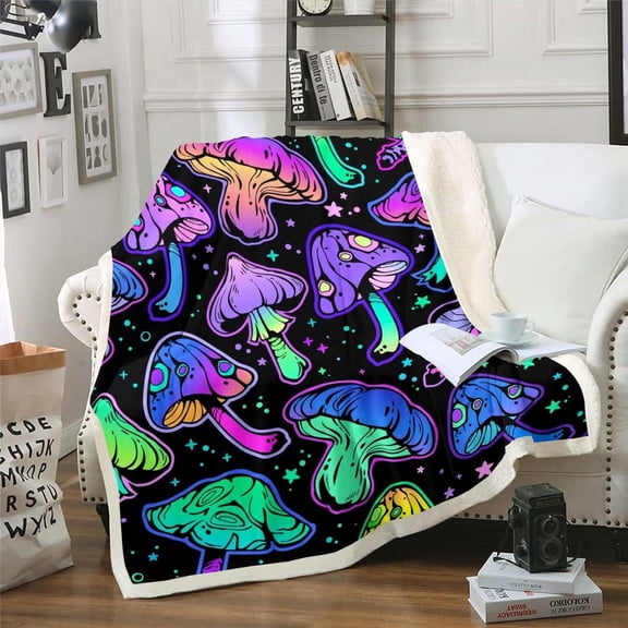 Neon Mushroom Blanket Cute Kawaii Mushroom Throw Blanket for Couch Psychedelic Galaxy Space Travel Blanket Baby Size Rainbow Fungus Fleece Blanket for Kids Boys Girls Room Magic Mushroom Decor