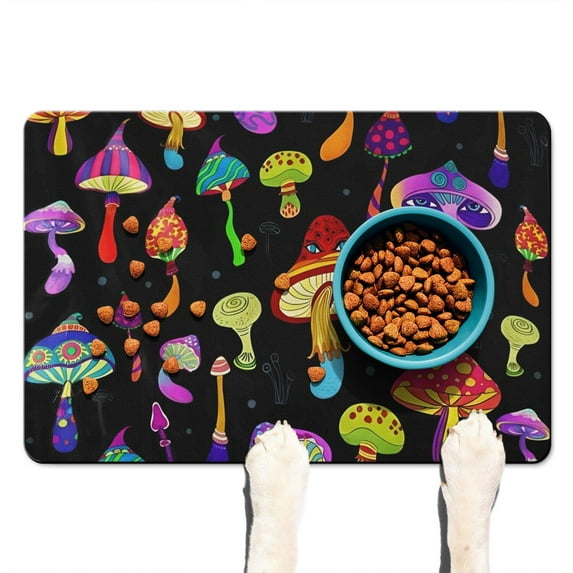 Neon Mushroom Dog Feeding Mat - Absorbent Pet Food Mat - Non-Slip Rubber Bottom - Scientific Design - 4-Layer Protection for Puppies & Senior Dogs
