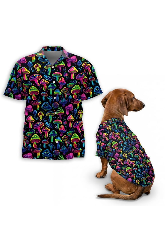 Neon Mushroom Hawaiian Shirt, Psychedelic Glow Mushroom Pattern Button Down Shirt for Adults or Dogs, Cuban Collar, Short Sleeve Polyester Summer Shirt