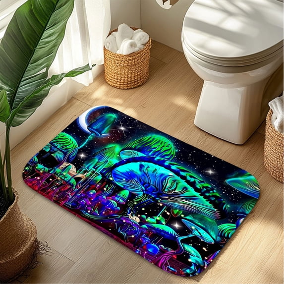 Neon Mushroom Plush Flannel Bath Rug 16x24 Inches, Quick Dry Absorbent Non Slip Mat for Bathroom Sink Tub