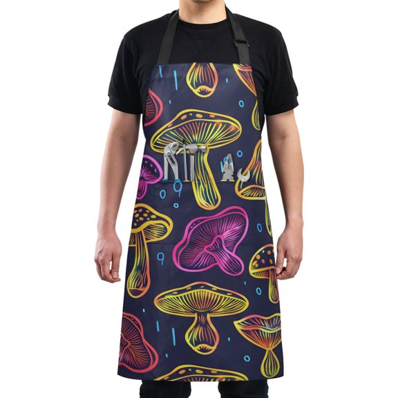 Neon Mushrooms Kitchen Apron with 2 Pockets Adjustable waterproof Cooking Aprons for Women Men Chef