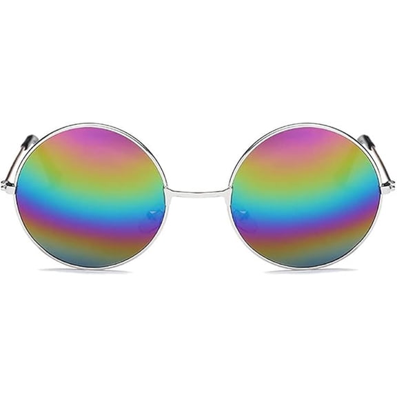 Neon Nation Rainbow Mirrored Round Circular Lens with Gold or Silver Frame (Silver Frame)