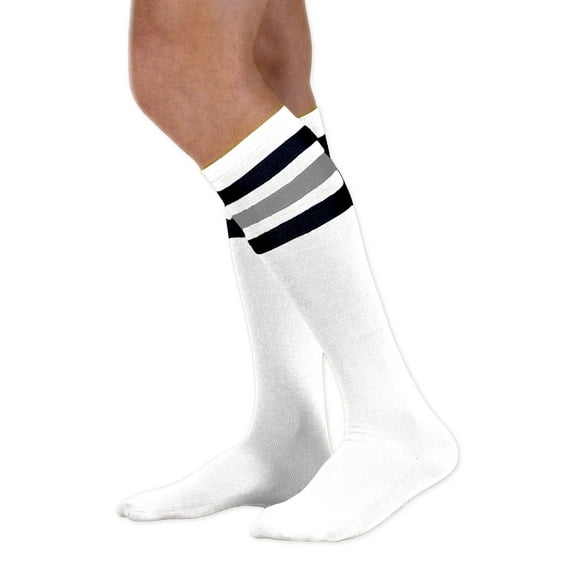 Neon Nation Unisex Adult White Knee High Socks with Various Colored Stripes (Blue and Gray Stripes)