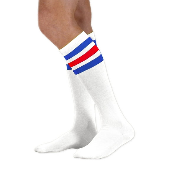 Neon Nation Unisex Adult White Knee High Socks with Various Colored Stripes (Blue and Red Stripes)