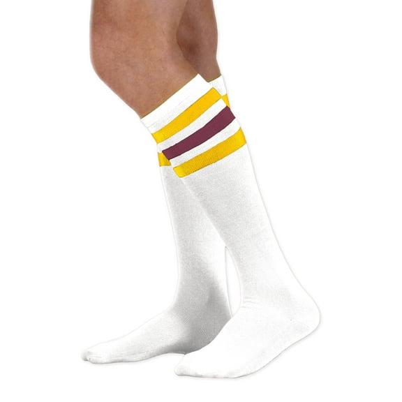 Neon Nation Unisex Adult White Knee High Socks with Various Colored Stripes (Gold and Burgundy Stripes)