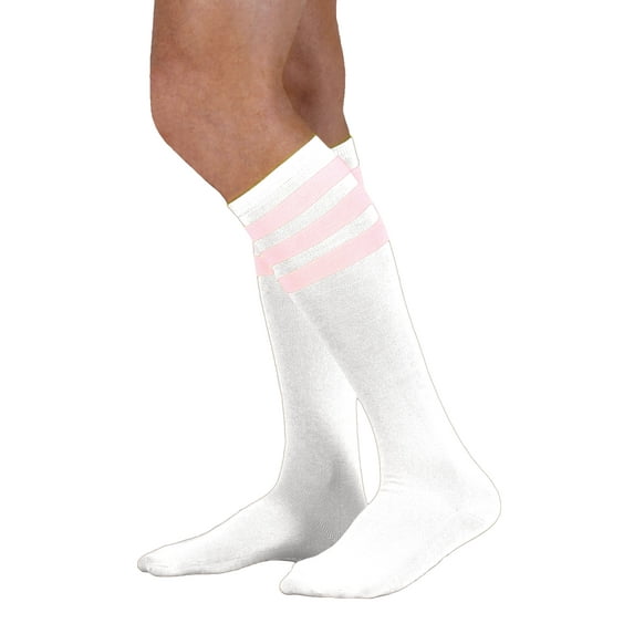 Neon Nation Unisex Adult White Knee High Socks with Various Colored Stripes (Light Pink Stripes)