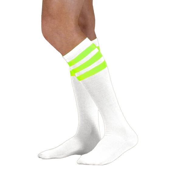 Neon Nation Unisex Adult White Knee High Socks with Various Colored Stripes (Neon Green Stripes)