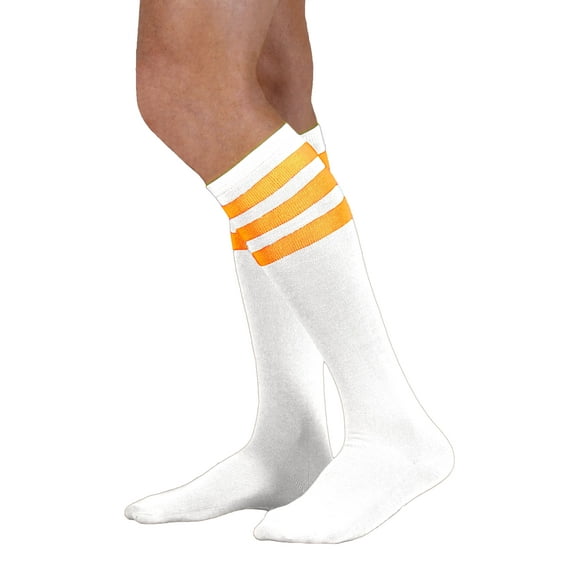 Neon Nation Unisex Adult White Knee High Socks with Various Colored Stripes (Neon Orange Stripes)